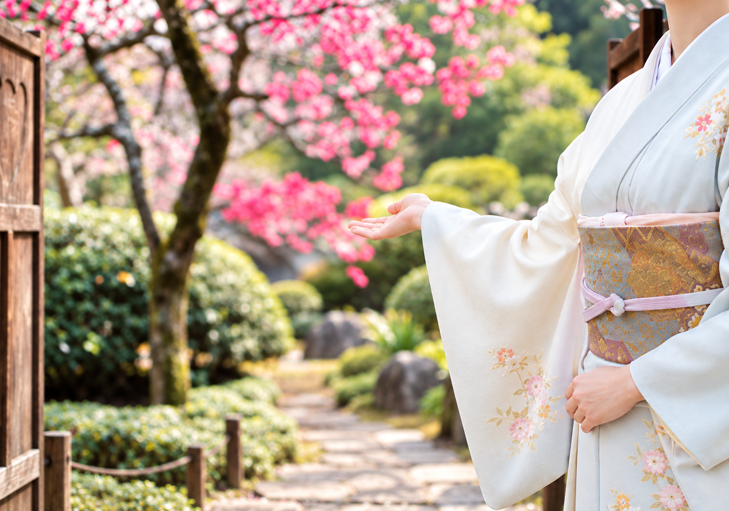 Kimono-clad figure among spring cherry blossoms