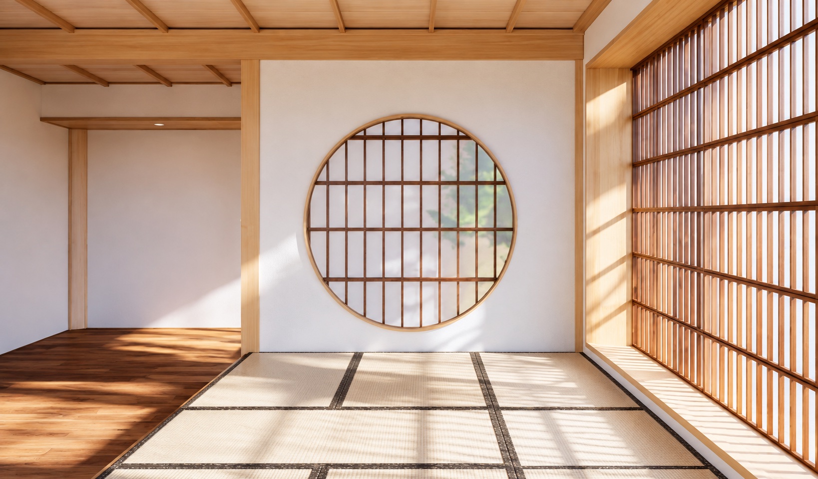Japanese-style room with a round window and wooden lattice screens